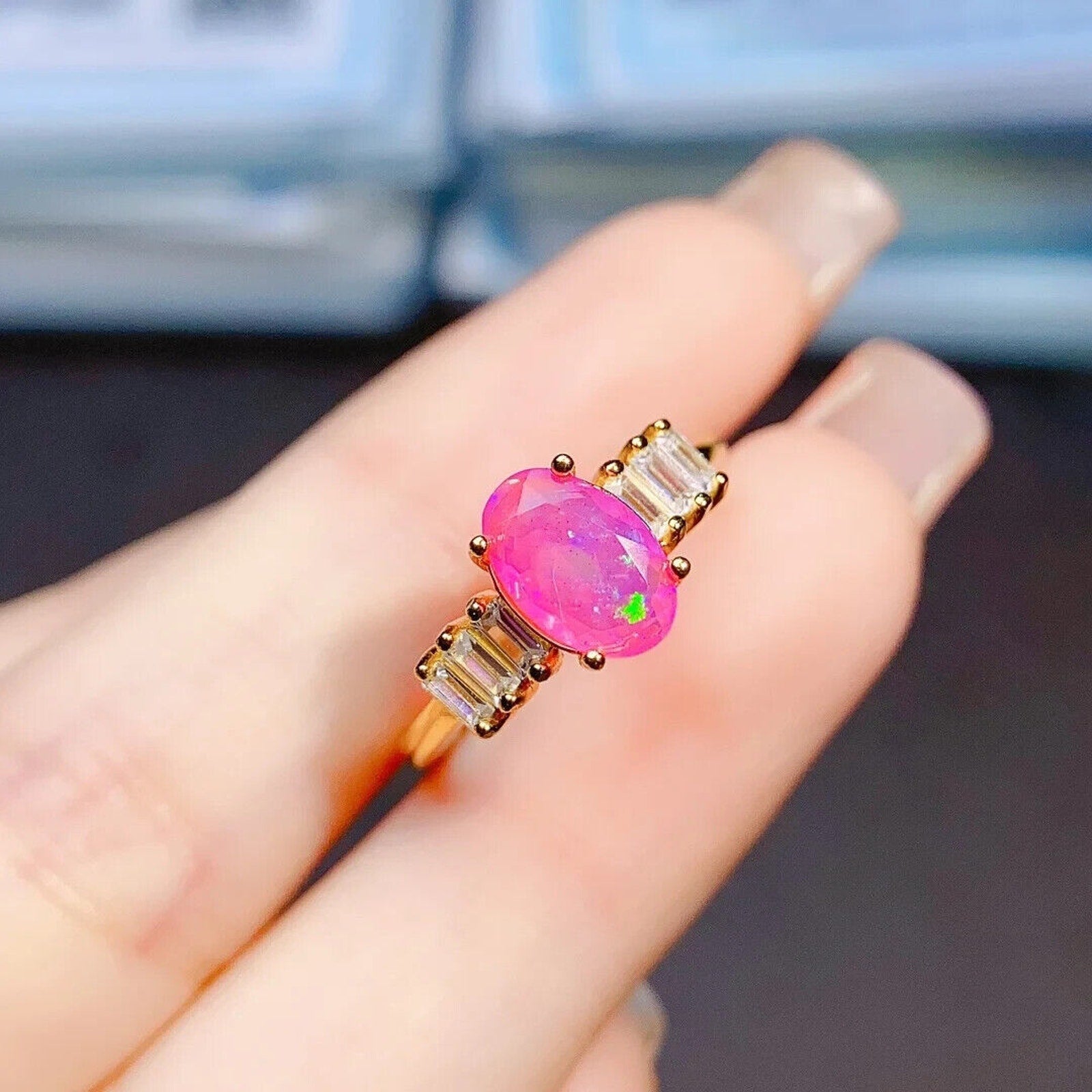 Pink Fire Opal Oval Cut Ring 5x8mm, Natural Pink Fire Opal Ring 925 Sterling