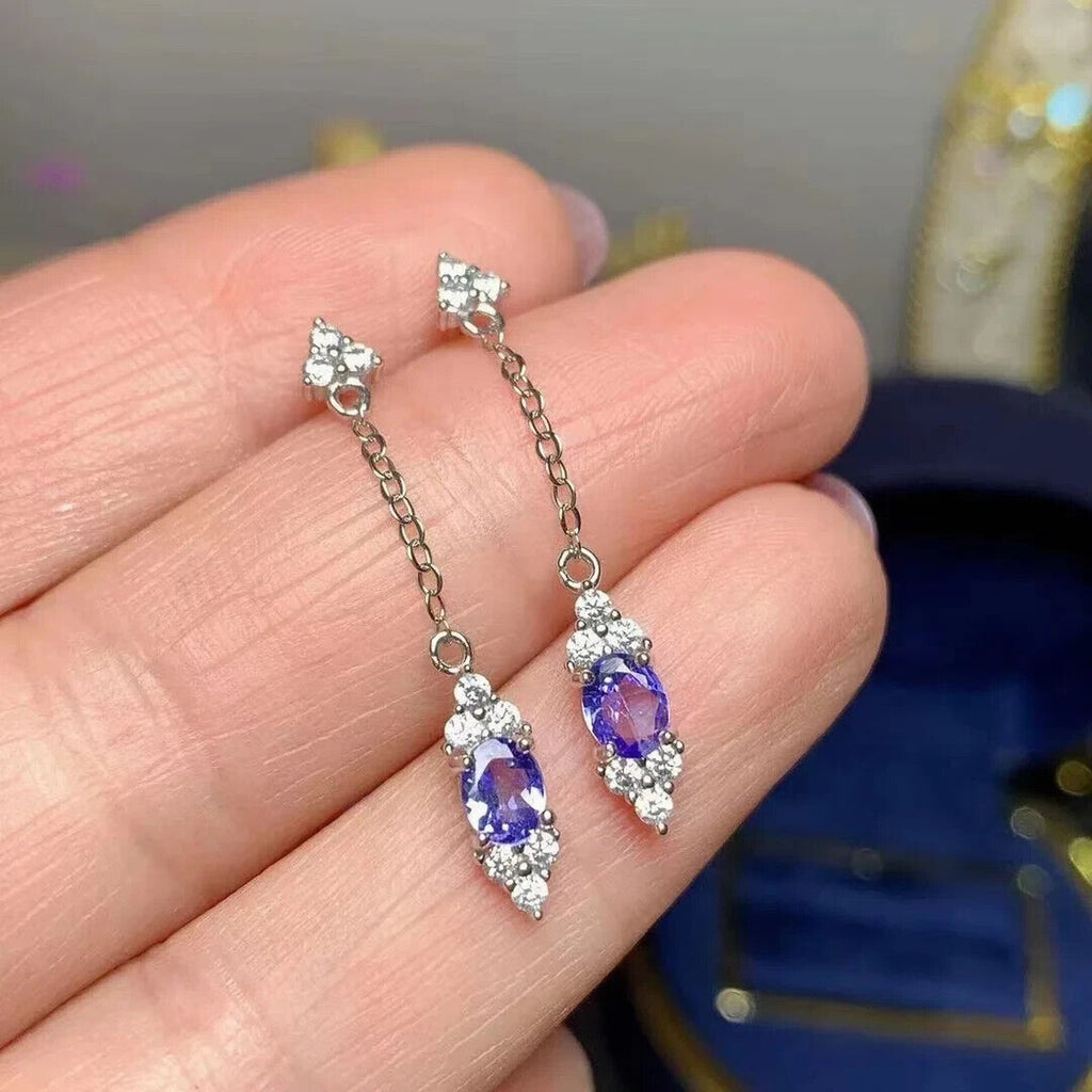 Natural Purple Tanzanite Dangle Earrings Sterling Silver, Tanzanite Earrings