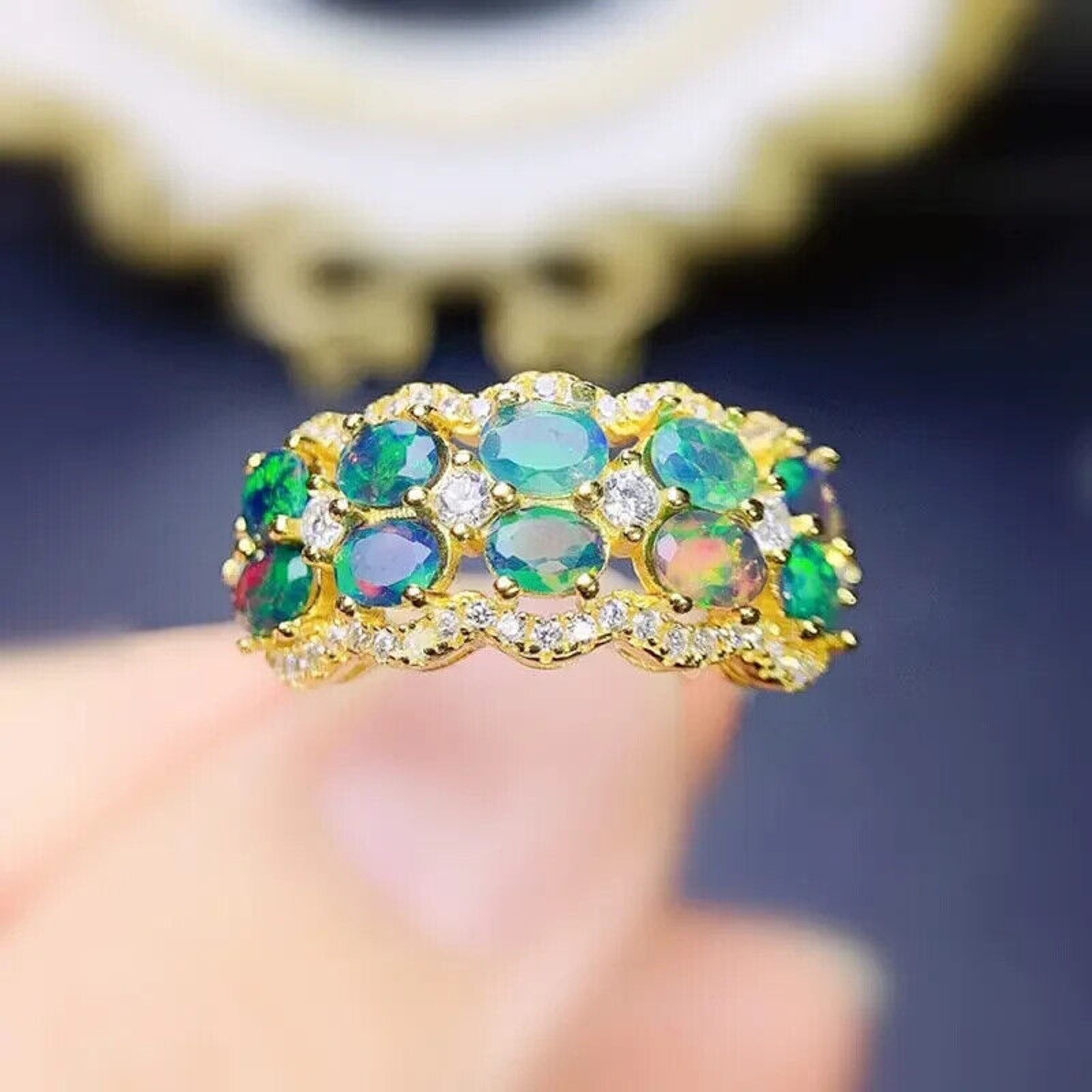 Colorful Black Fire Opal Band Ring 3x4mm, Natural Fire Opal Band Ring