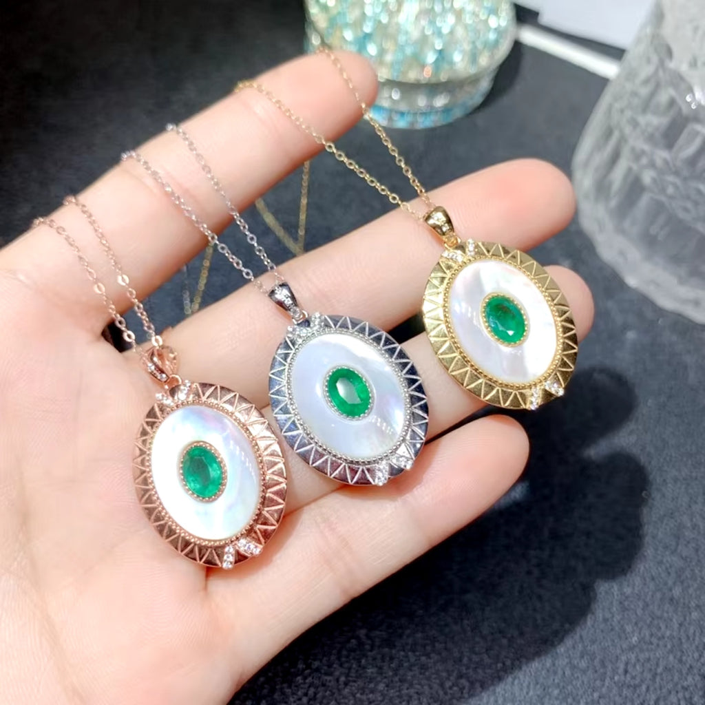 Emerald and Shell Pendant Necklace, Natural Emerald Pendant Necklace 5x7mm