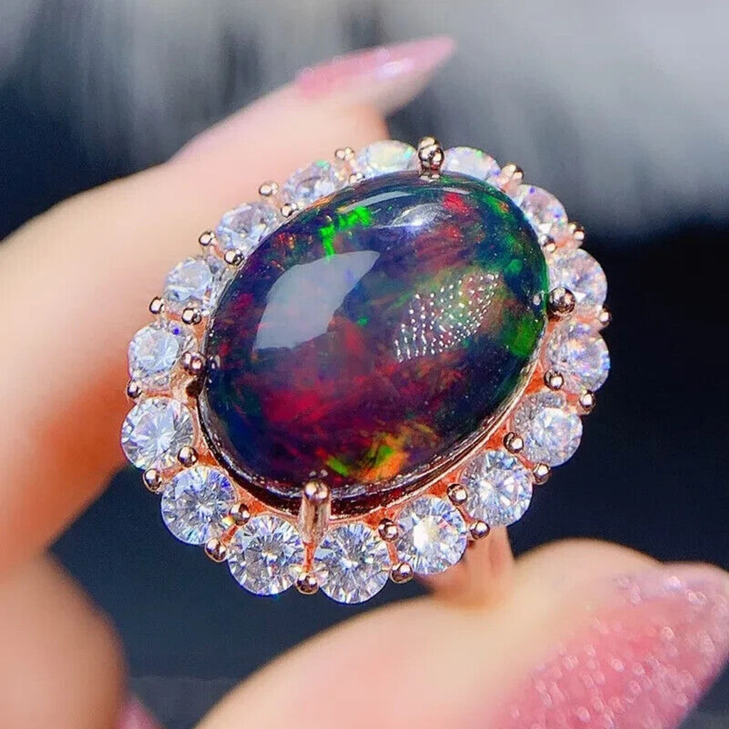 Huge Black Fire Opal Statement Ring 12x16mm 7CT, Natural Fire Opal Ring