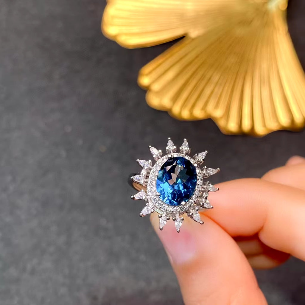London Blue Topaz Ring, Natural London Blue Topaz Gemstone Ring 8x10mm