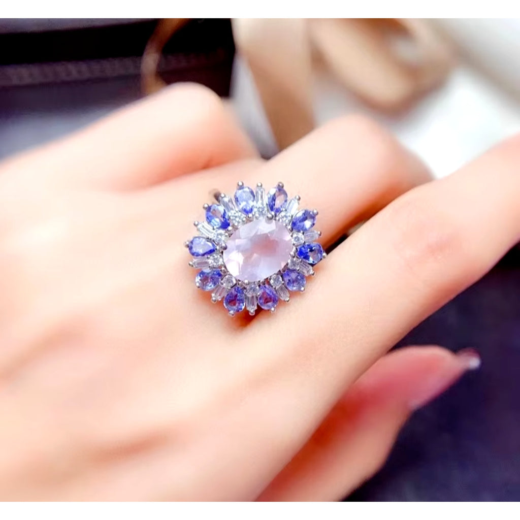 Purple Tanzanite and Rose Quartz Jewelry Set, Natural Tanzanite and Rose Quartz