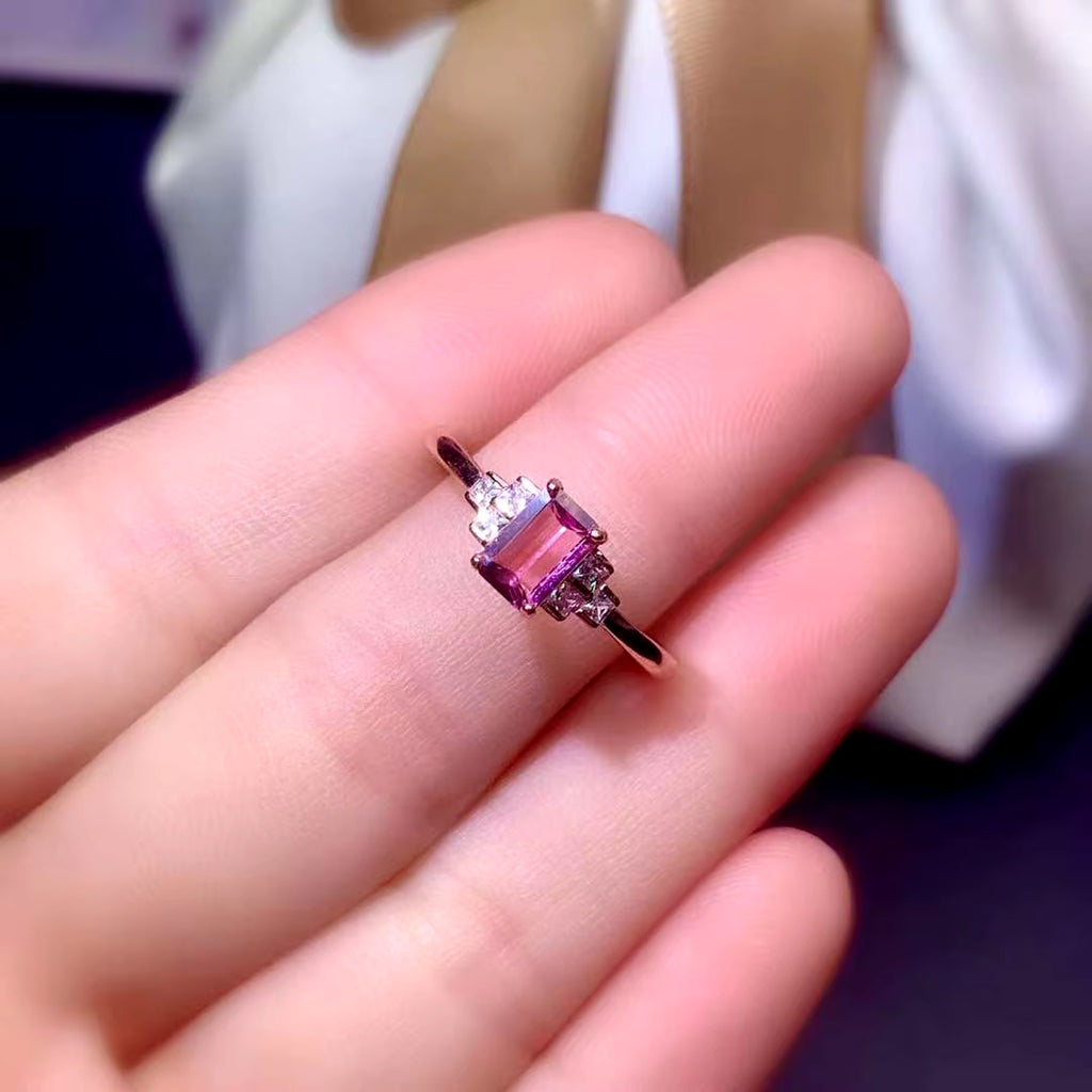 Pink Tourmaline Ring, Emerald Cut Pink Tourmaline Gemstone Ring