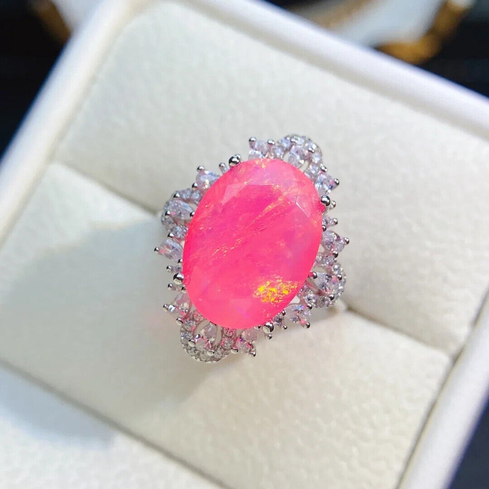 Pink Fire Opal Large Statement Ring 11x15mm, Natural Pink Fire Opal Ring