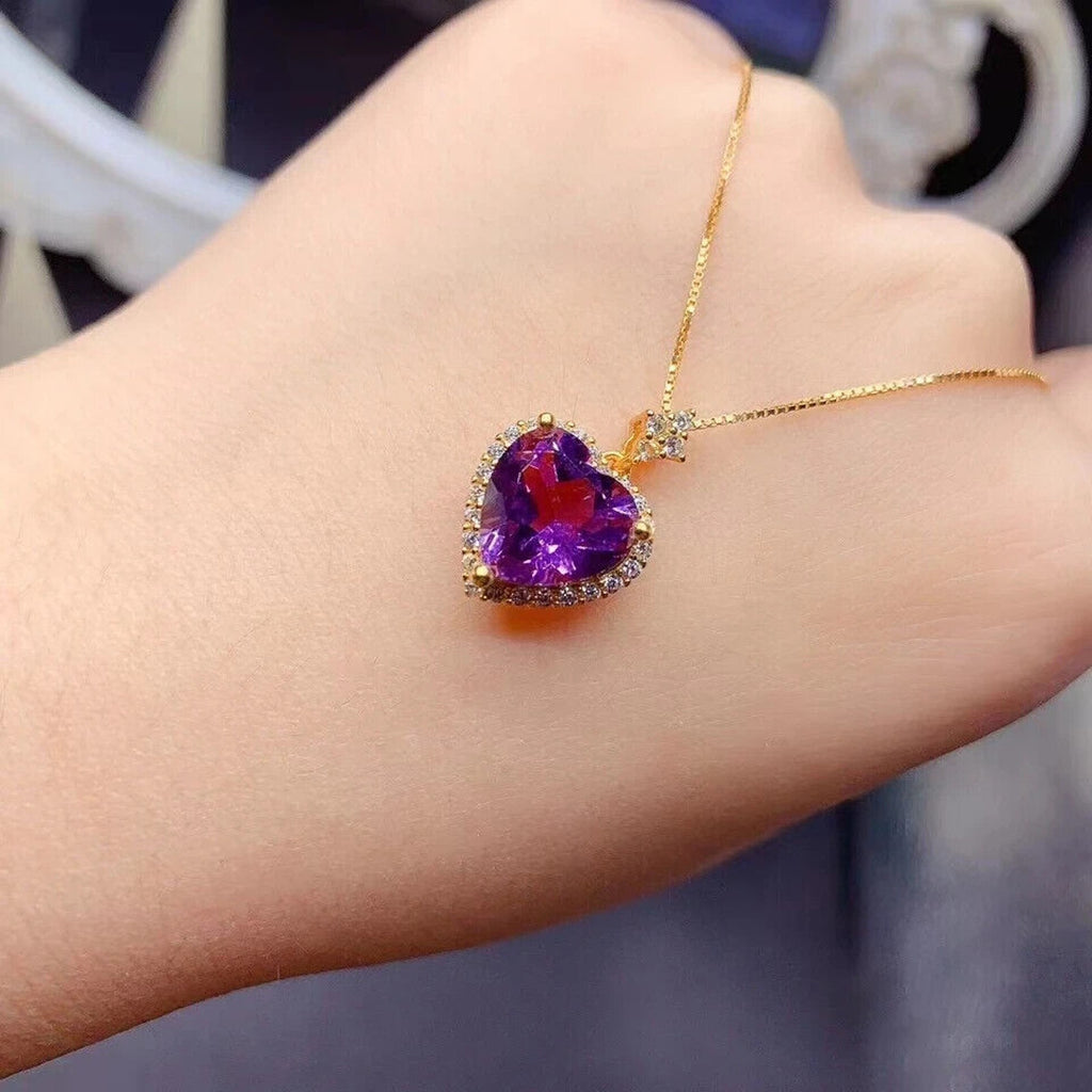 Natural Amethyst Heart Pendant Necklace, Amethyst Heart Necklace 8mm 925 Silver