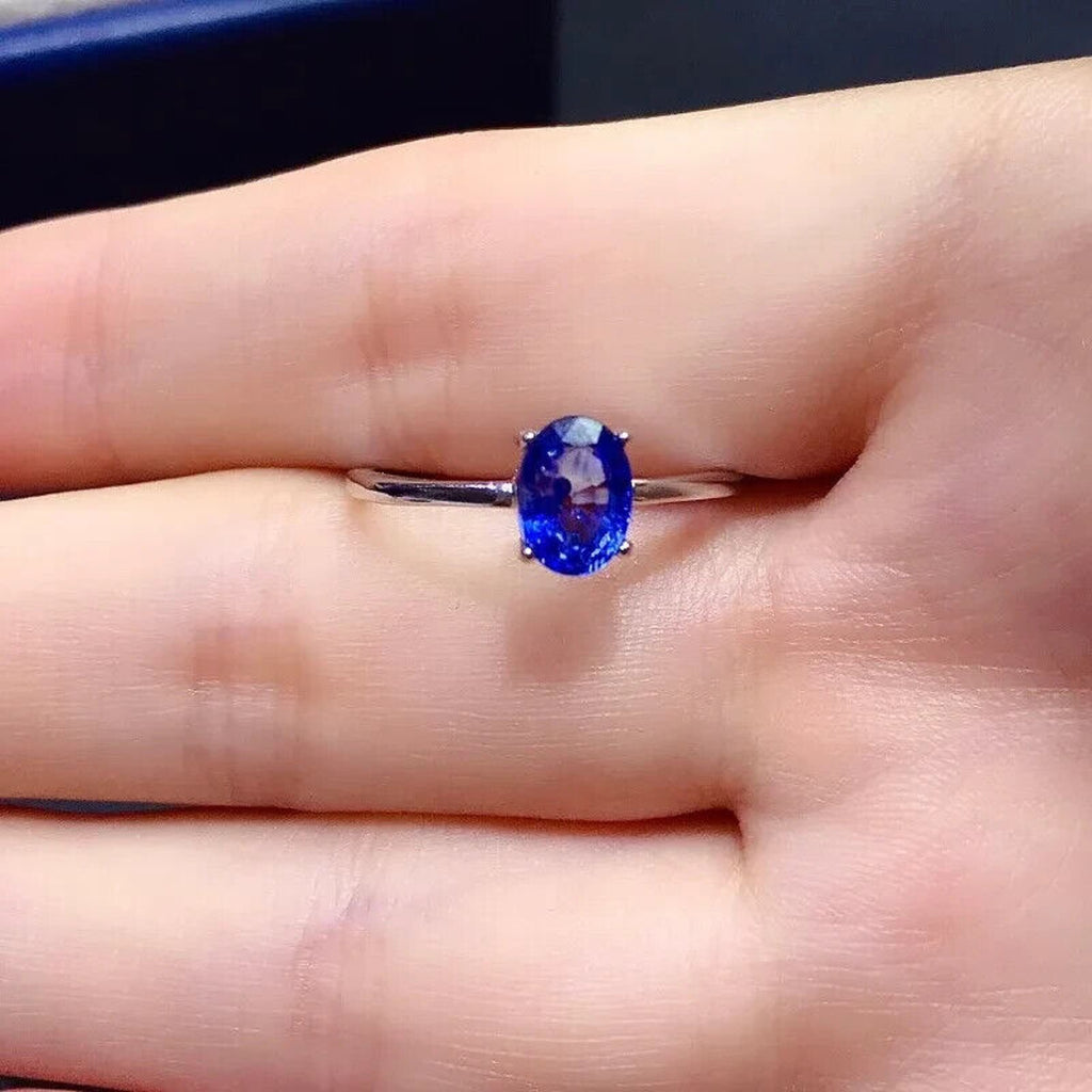 Natural Blue Sapphire Ring 5x7mm, Blue Sapphire Cocktail Ring Sterling Silver