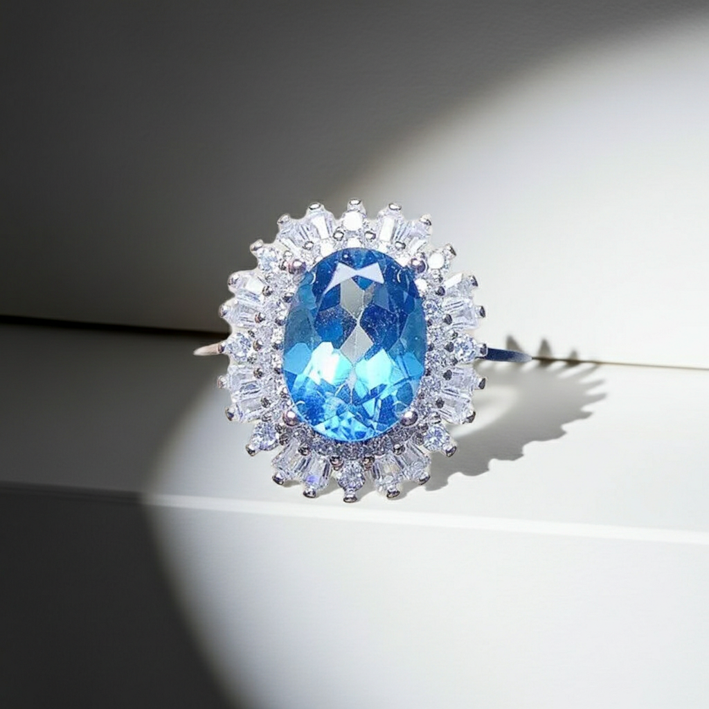 Natural Swiss Blue Topaz Gemstone Ring 6x8mm 1.6CT