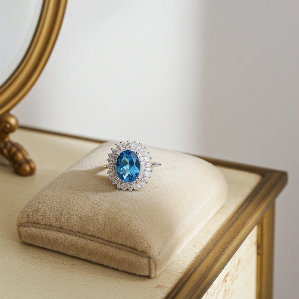 Natural Swiss Blue Topaz Gemstone Ring 6x8mm 1.6CT