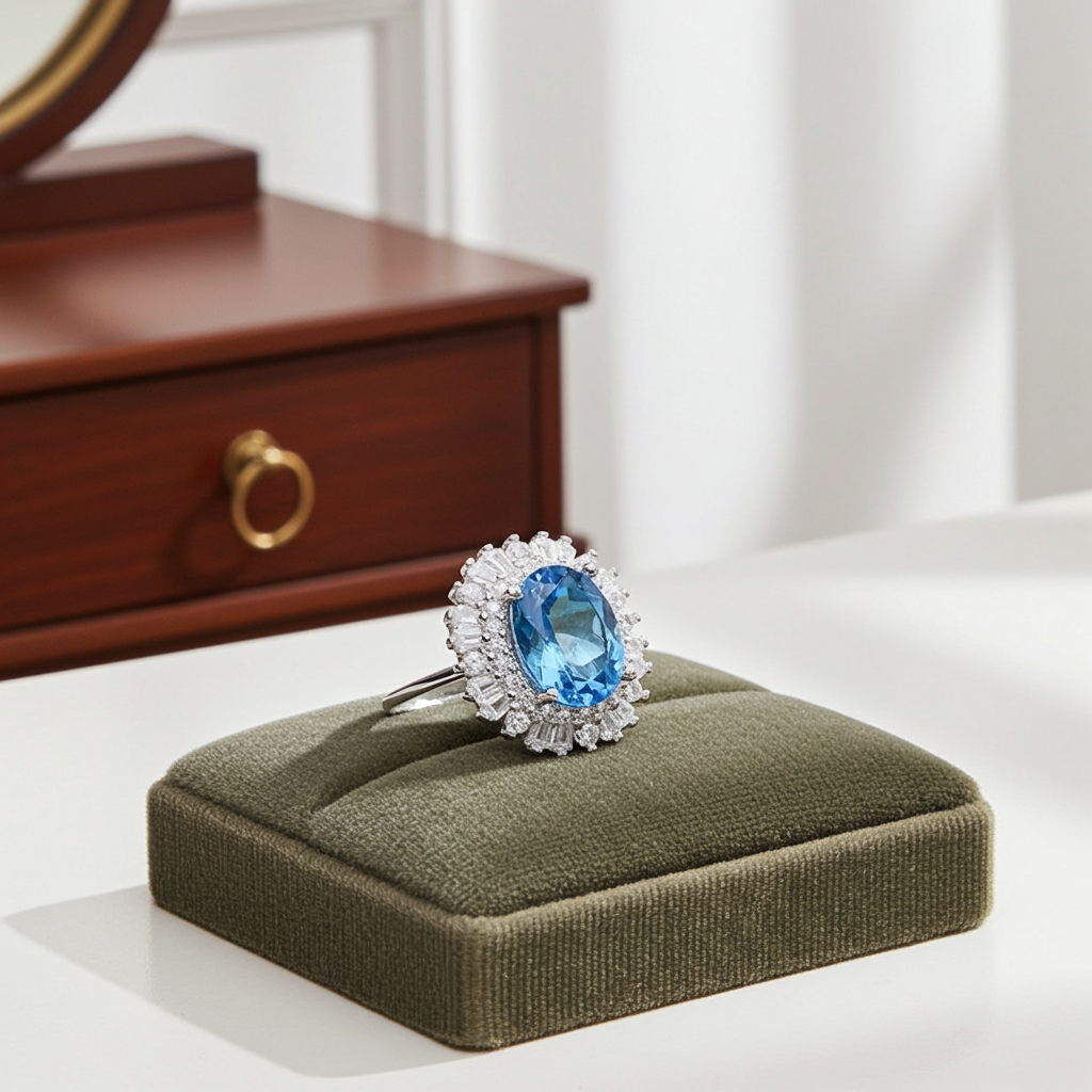 Natural Swiss Blue Topaz Gemstone Ring 6x8mm 1.6CT