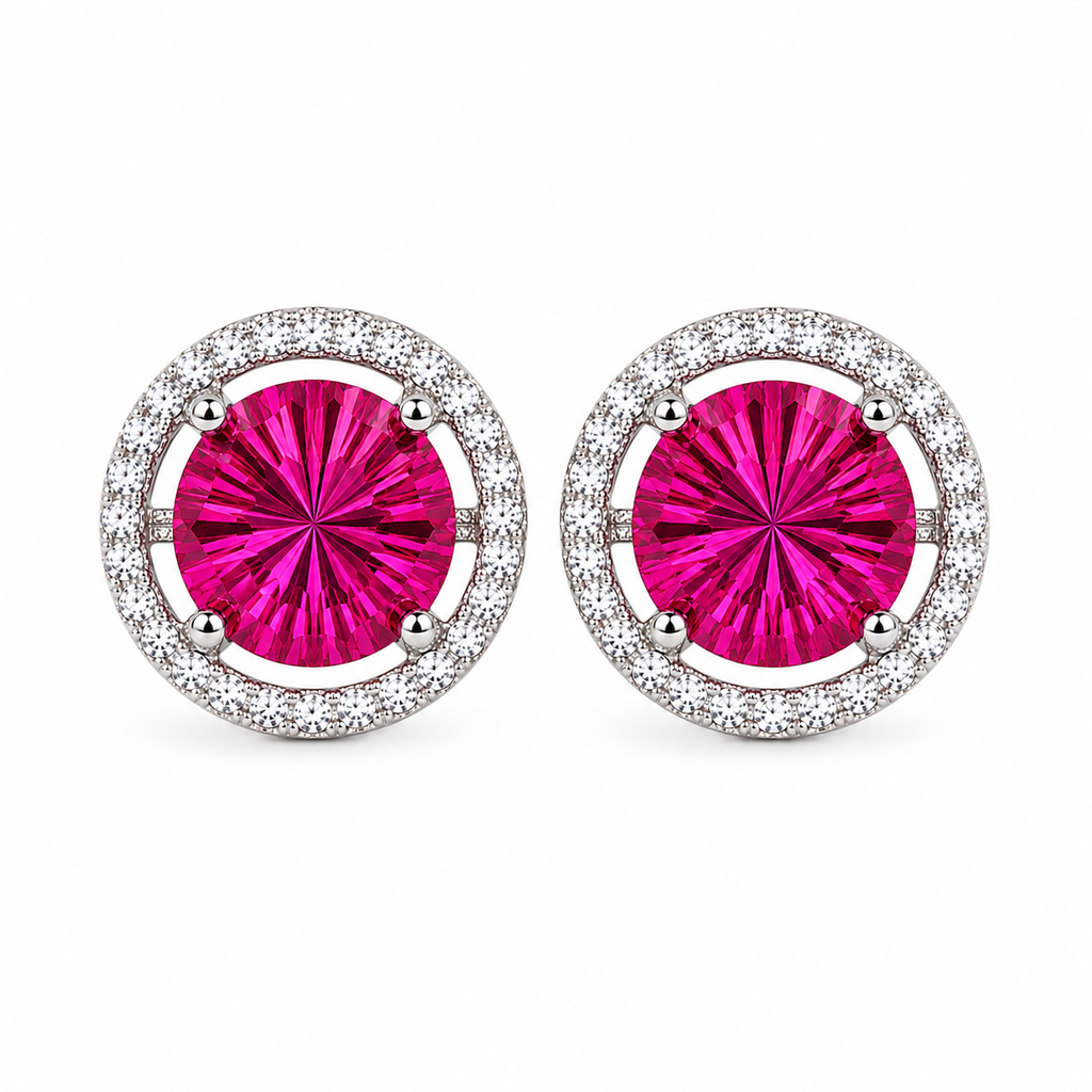 Natural pink topaz 8mm Firework Cut halo earrings close-up showing distinctive radiating gemstone facets
