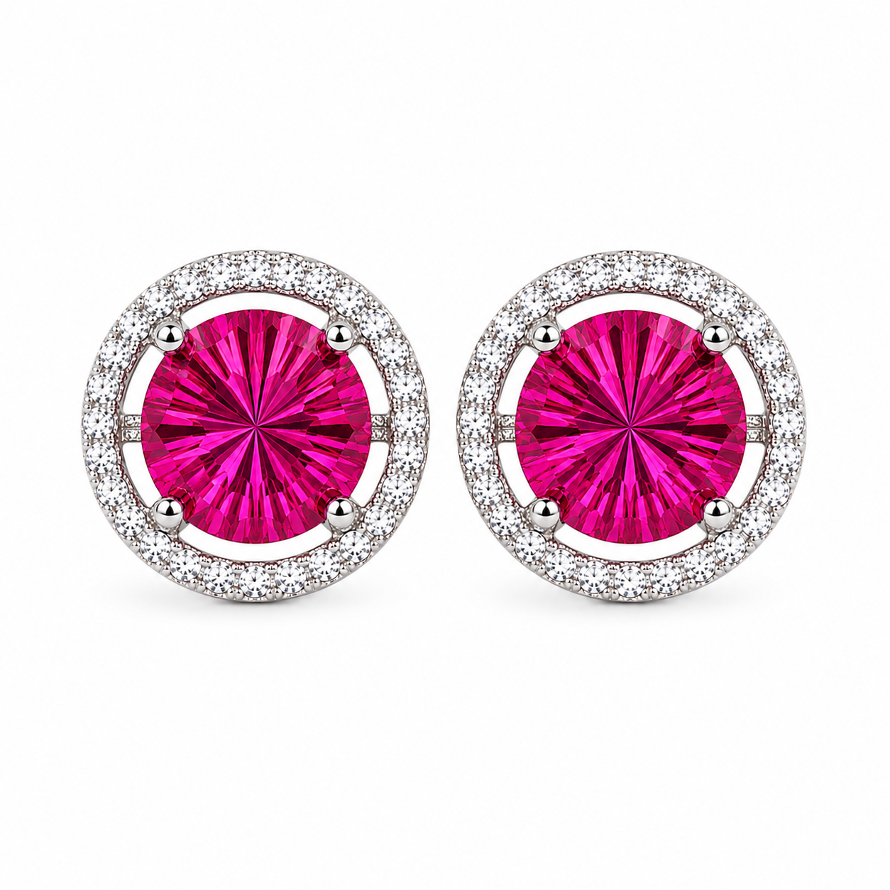 Natural pink topaz 8mm Firework Cut halo earrings close-up showing distinctive radiating gemstone facets