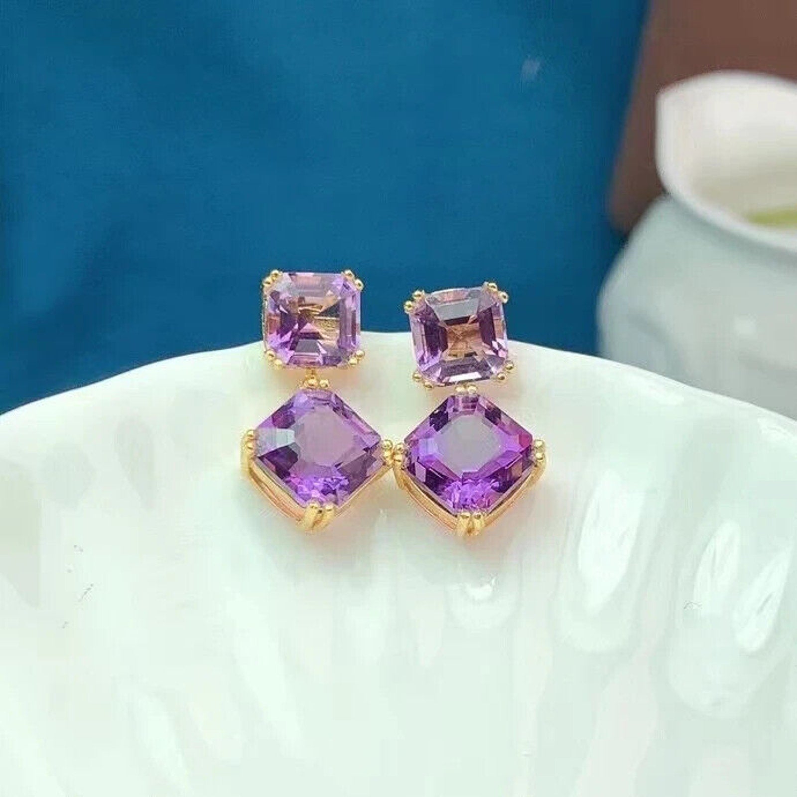 Amethyst Dangle Earrings 10mm Platinum Plated, Purple Amethyst Earrings