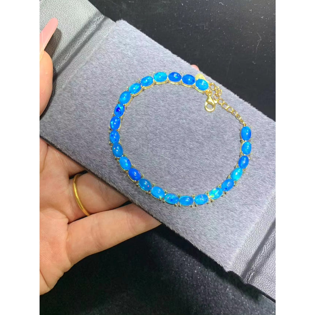 Blue Fire Opal Tennis Bracelet 4x6mm Sterling Silver, Blue Opal Bracelet