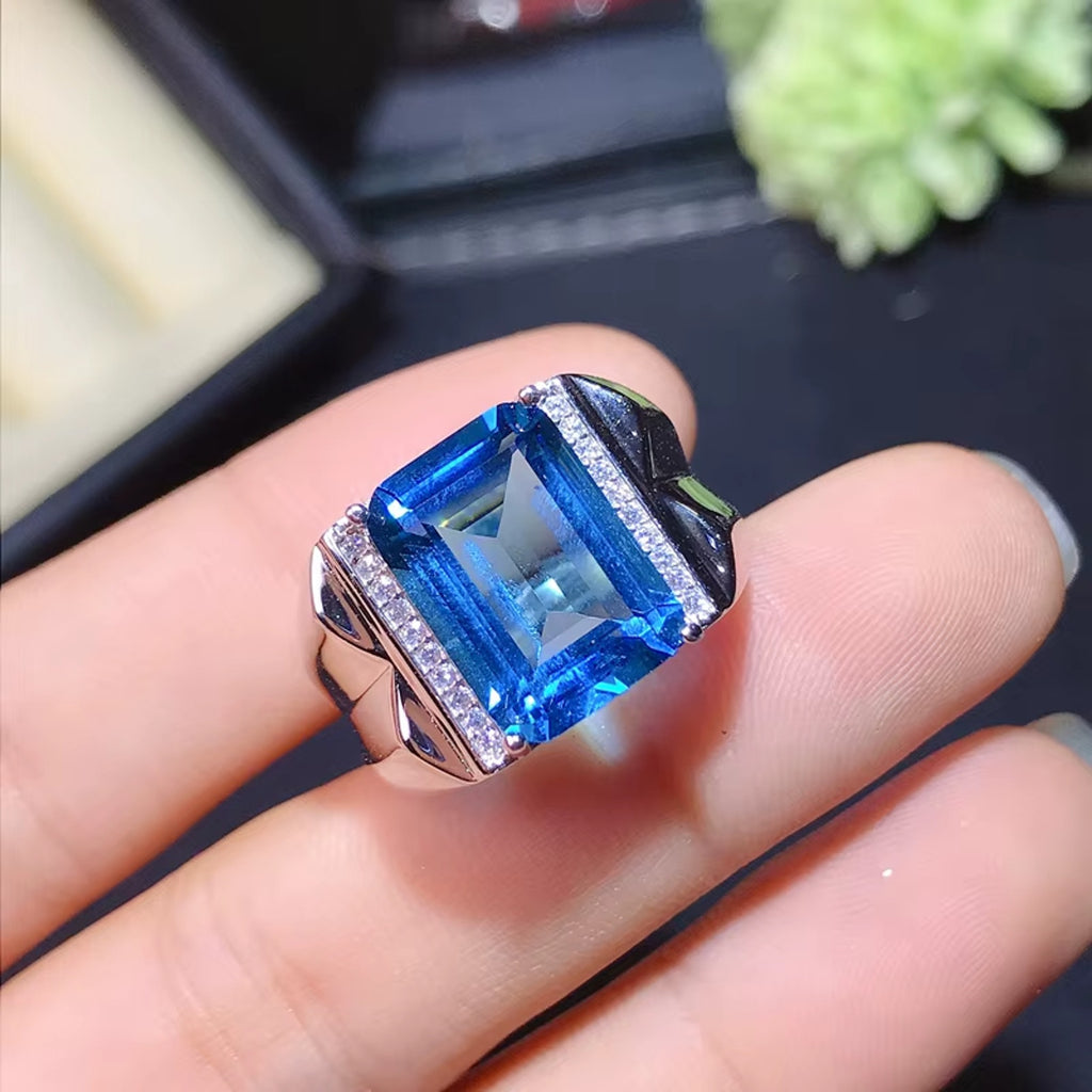 Mens Emerald Cut Blue Topaz Ring 925 Sterling Silver VVS Grade 10x14mm