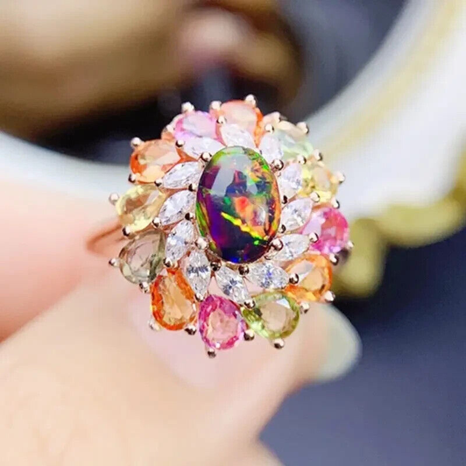 Black Fire Opal and Sapphire Cluster Statement Ring, Fire Opal and Sapphire