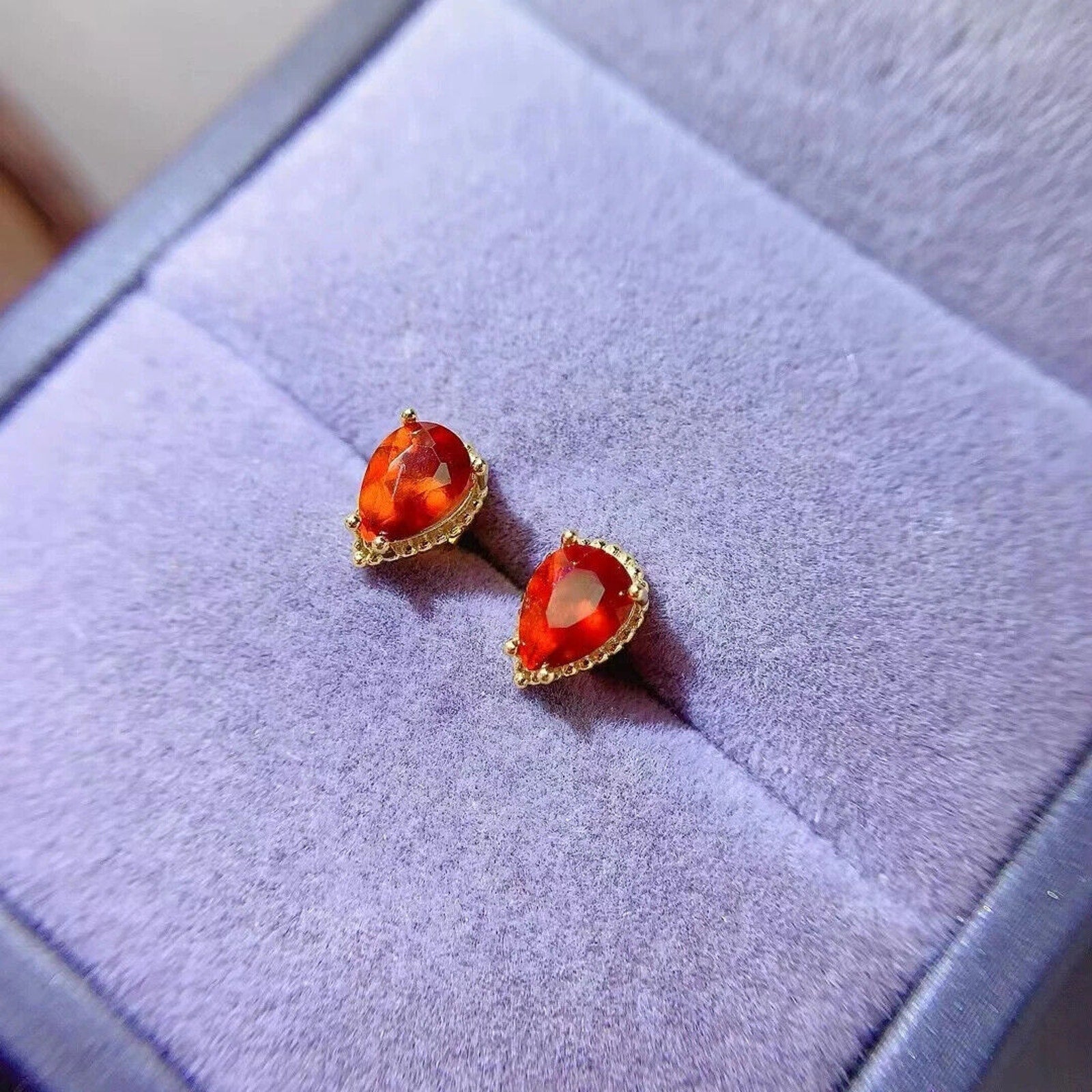 Natural Orange Garnet Stud Earrings 5x7mm Platinum Plated, Garnet Stud Earrings