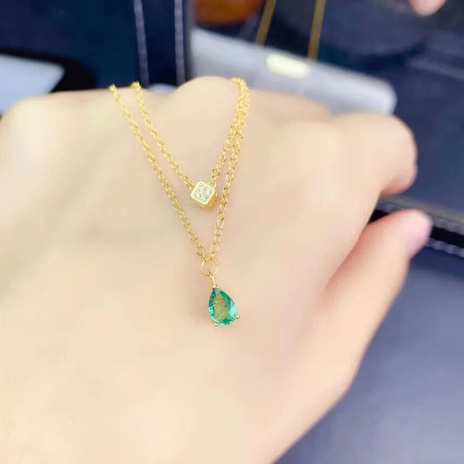 Dainty Emerald Pendant Necklace 4x6mm Gold Plated 925 Sterling Silver