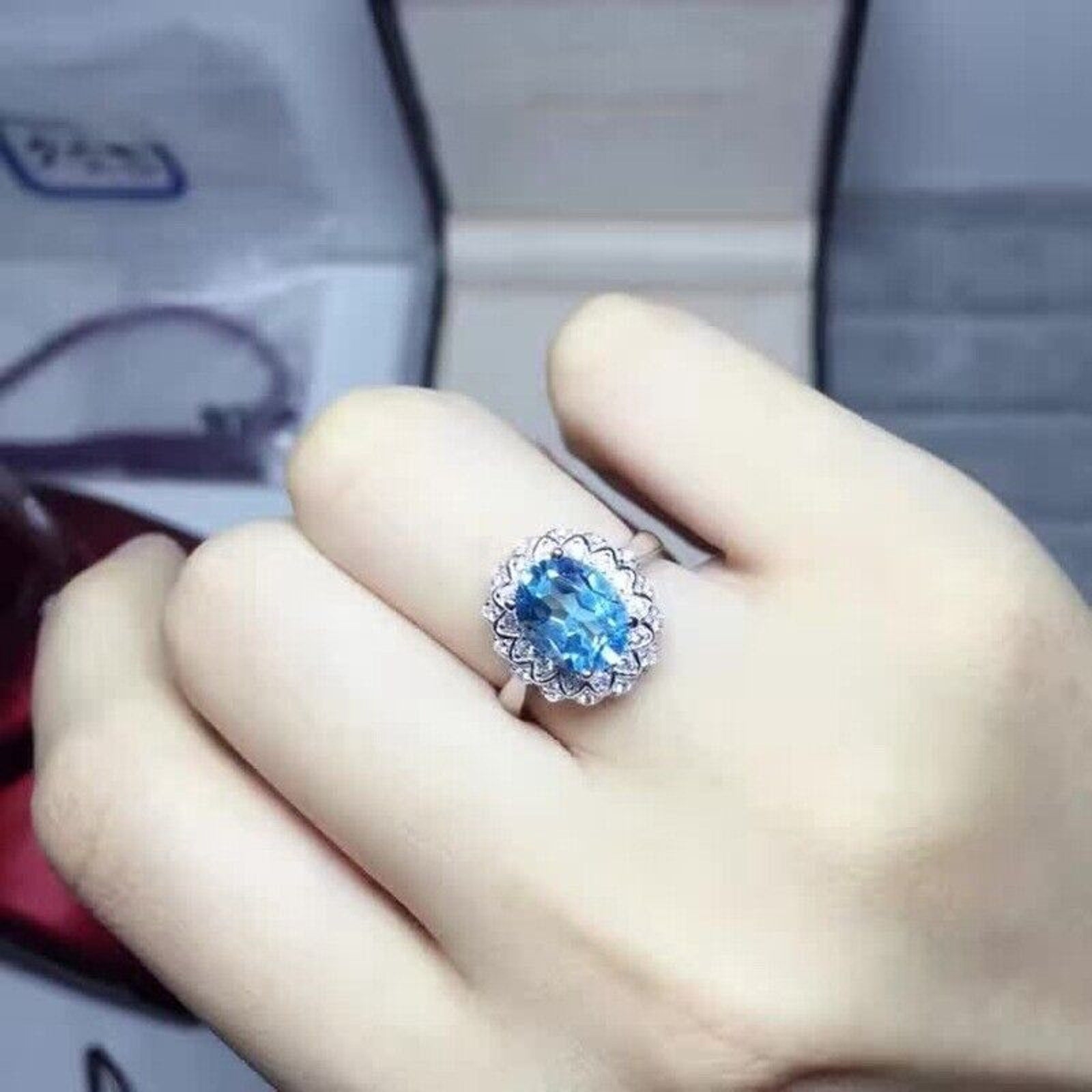 7x9mm Natural Oval Cut Blue Topaz Statement Ring, Oval Cut Blue Topaz Ring