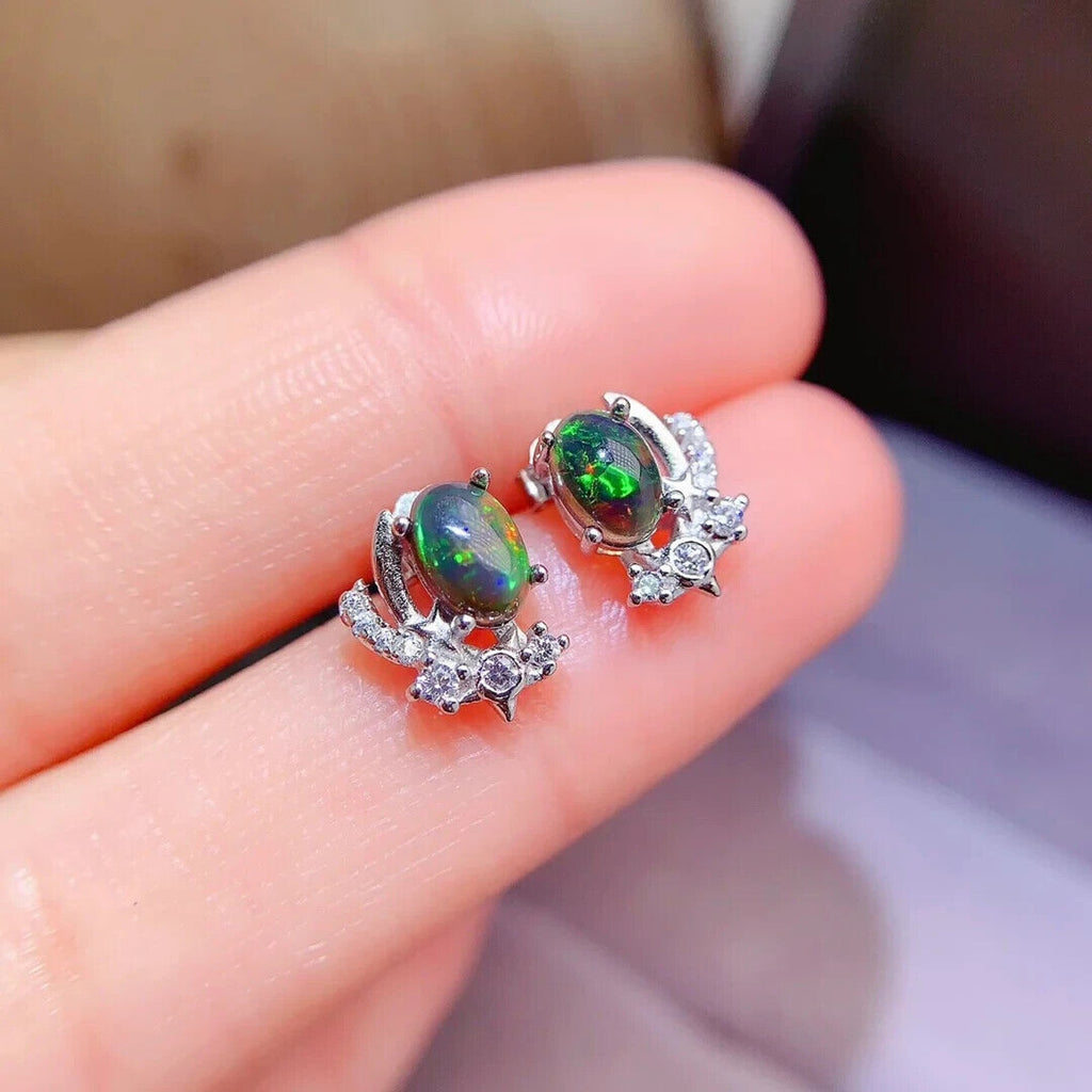 Black Fire Opal Cluster Stud Earrings, Natural Fire Opal Stud Earrings 4x6mm