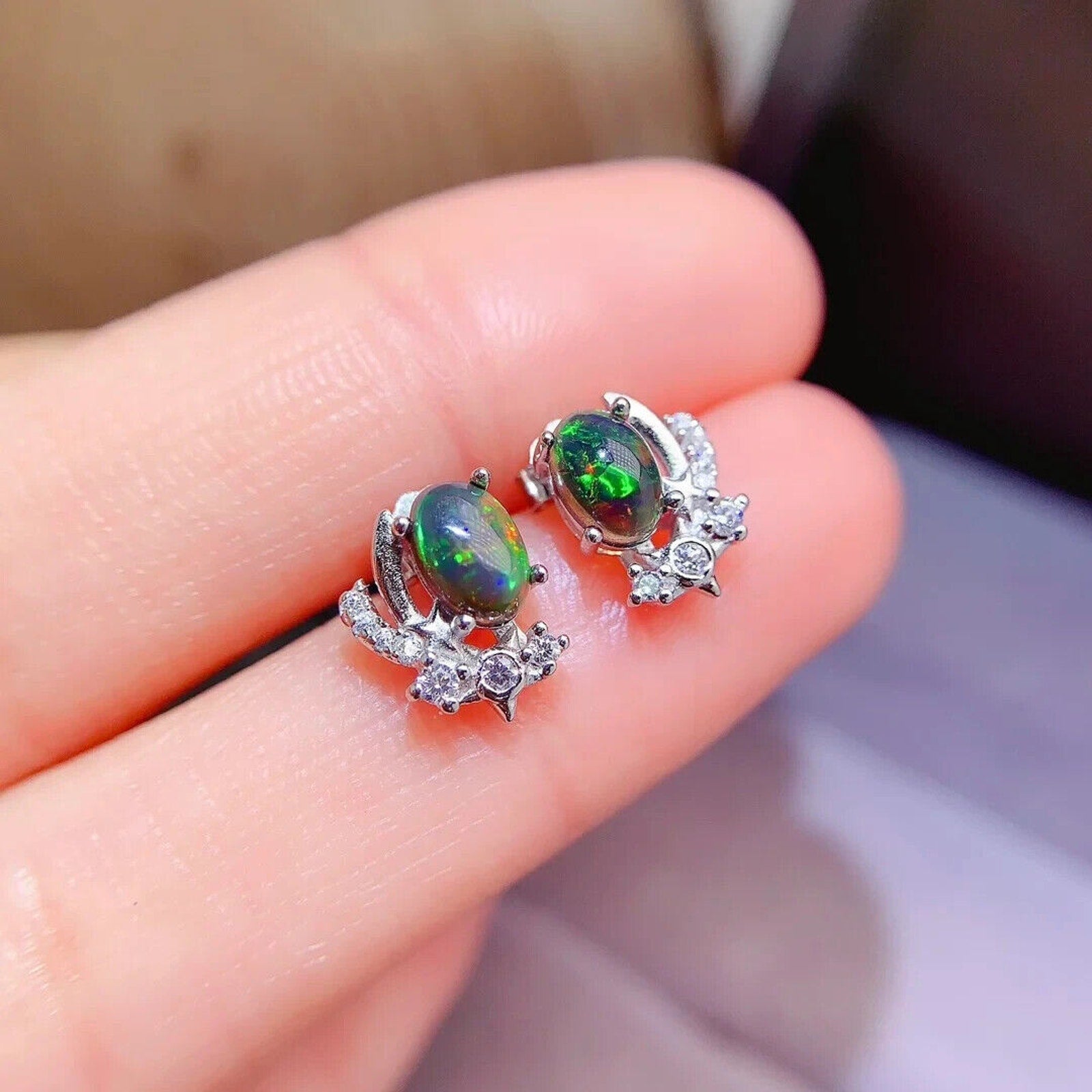 Black Fire Opal Cluster Stud Earrings, Natural Fire Opal Stud Earrings 4x6mm