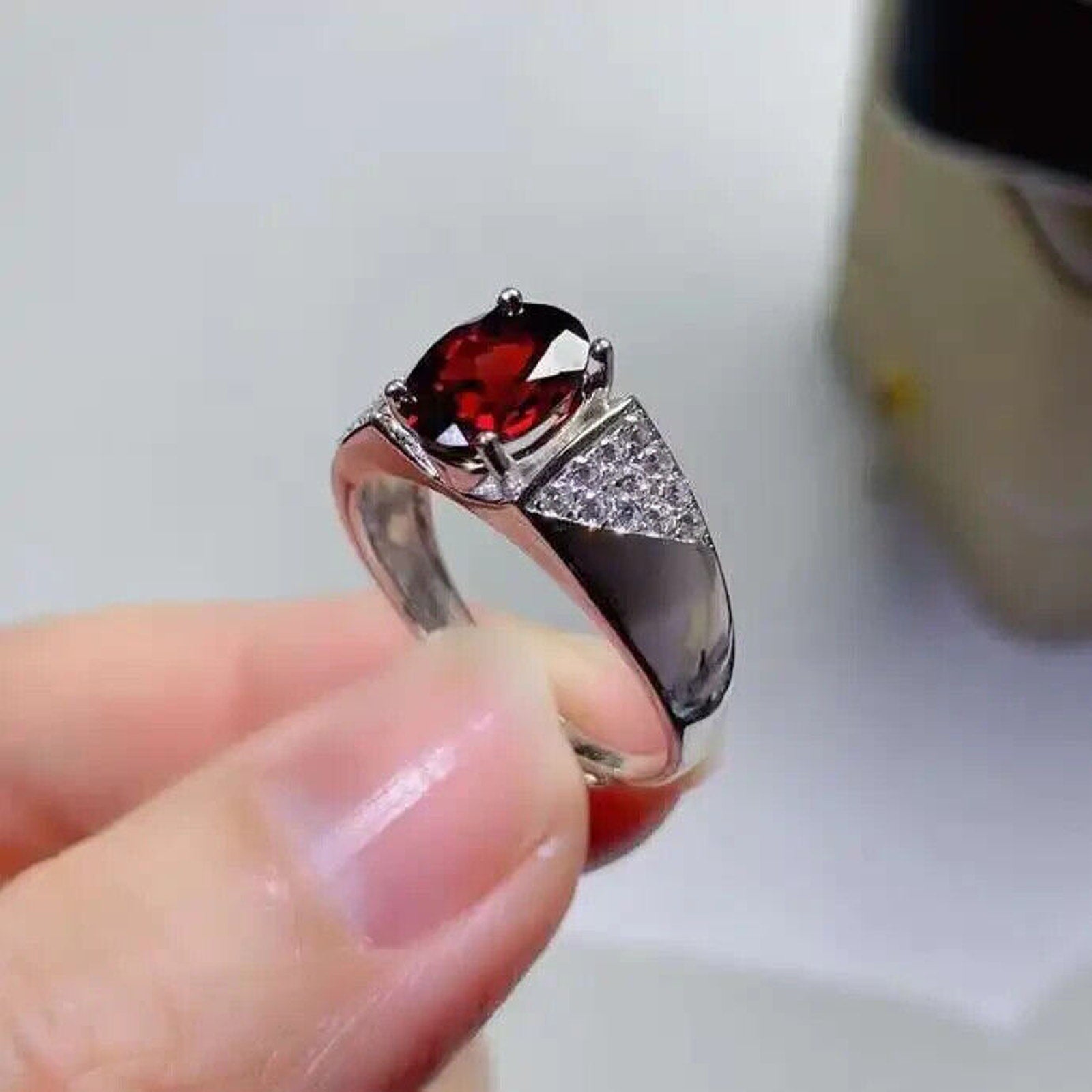 Red Garnet Mens Cocktail Ring 7x9mm Platinum Plated Sterling