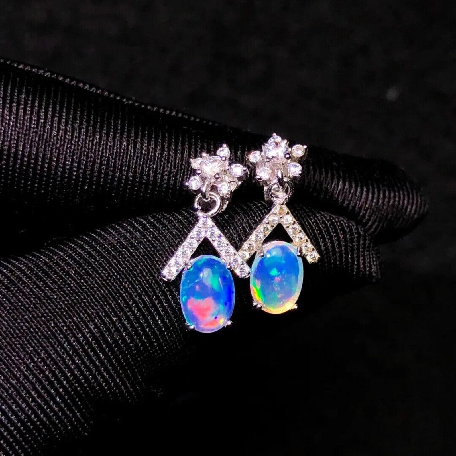 Women's Opal Dangle Earrings, Natural Fire Opal Dangle Earrings 5x7mm
