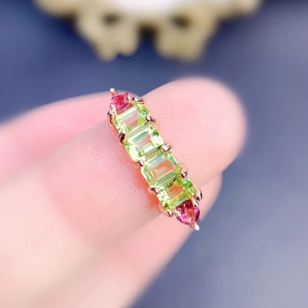 Natural Peridot and Tourmaline Emerald Cut Band Ring, August Birthstone Peridot