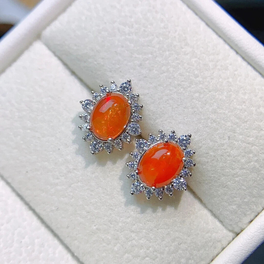 Orange Fire Opal Cluster Stud Earrings, Natural Orange Opal Stud Earrings 6x8mm