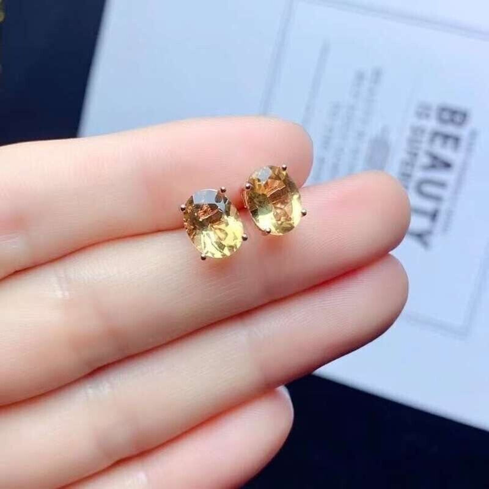 7x9mm Natural Citrine Stud Earrings, Genuine Citrine Stud Earrings 925 Sterling