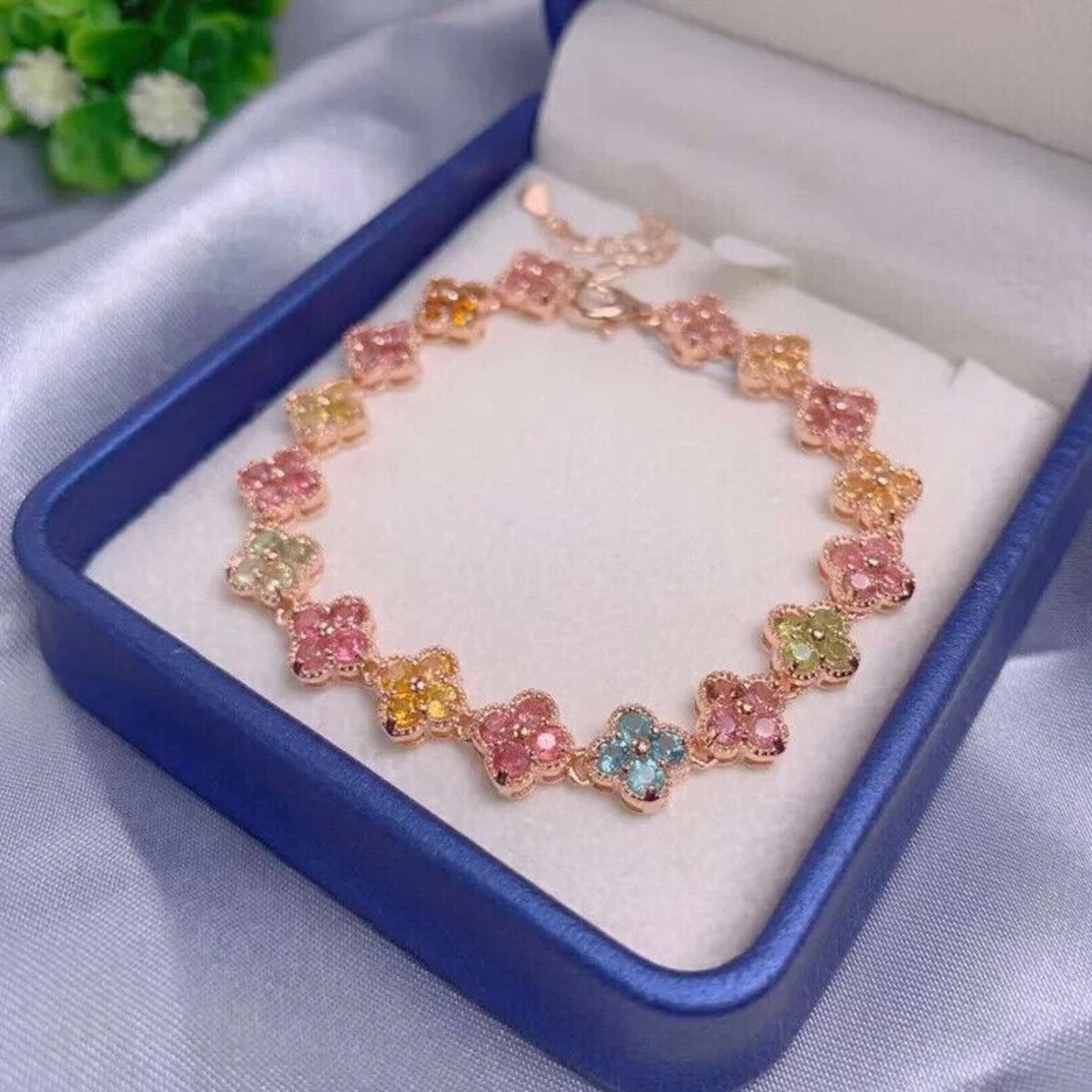 Natural Tourmaline Tennis Bracelet Rose Gold, Tourmaline Flower Bracelet