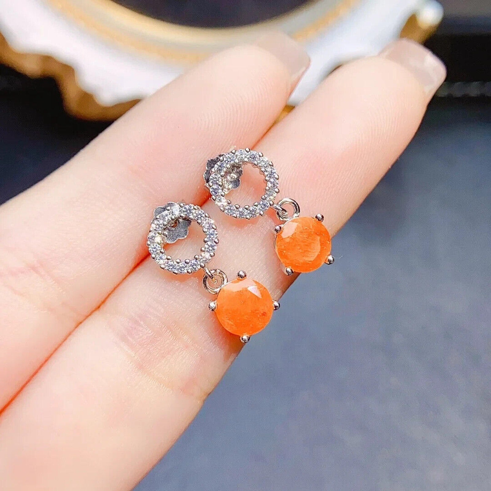 Orange Fire Opal Dangle Earrings 6mm, Natural Orange Fire Opal Earrings