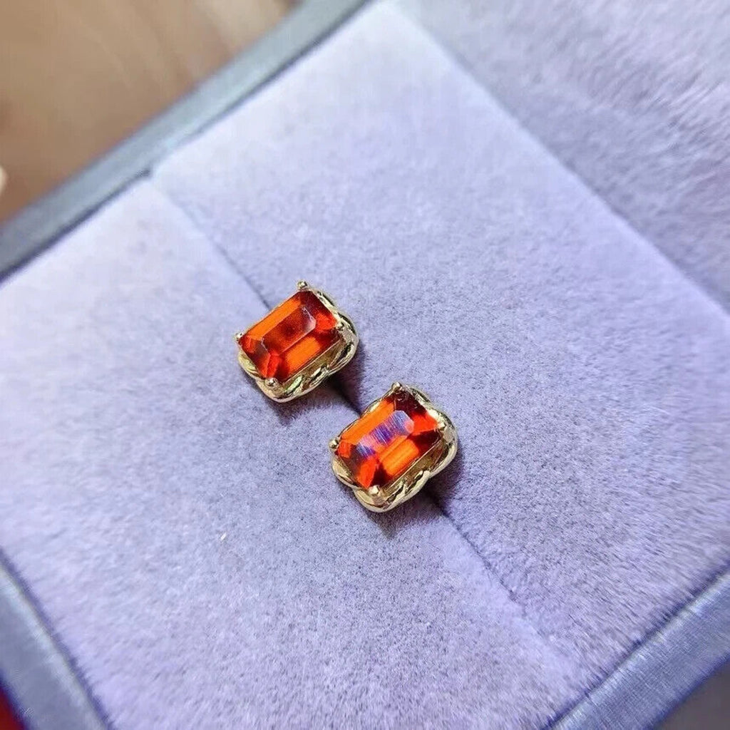 Natural Orange Garnet Stud Earrings 5x7mm Platinum Plated