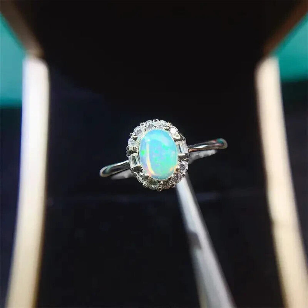 Fire Opal RIng Sterling Silver, Womne's Fire Opal Ring, Dainty Opal Ring 5x7mm
