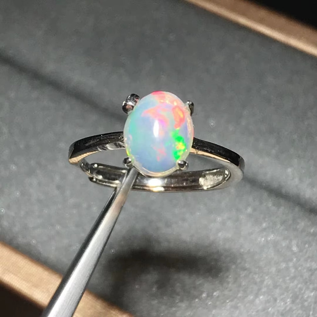 Rainbow Fire Opal Solitaire Ring 925 Sterling Silver Natural Fire Opal 7x9mm