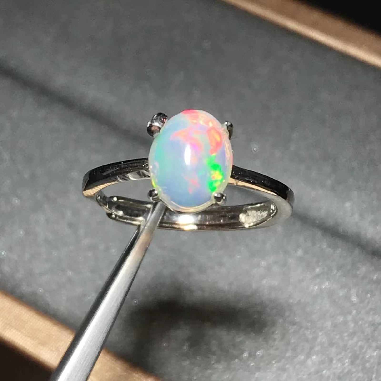 Rainbow Fire Opal Solitaire Ring 925 Sterling Silver Natural Fire Opal 7x9mm