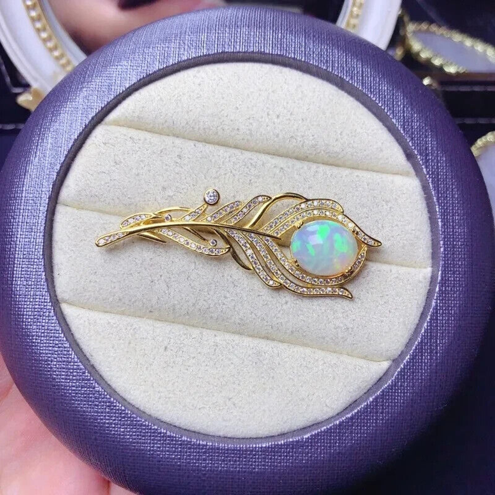 Australian Opal Feather Brooch Pin, Women's Natural Opal Brooch Sterling Silver