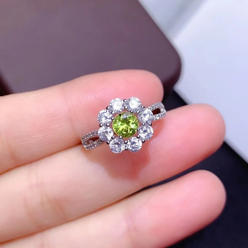 Peridot Birthstone Flower Ring, Natural Peridot Rings 925 Sterling Silver