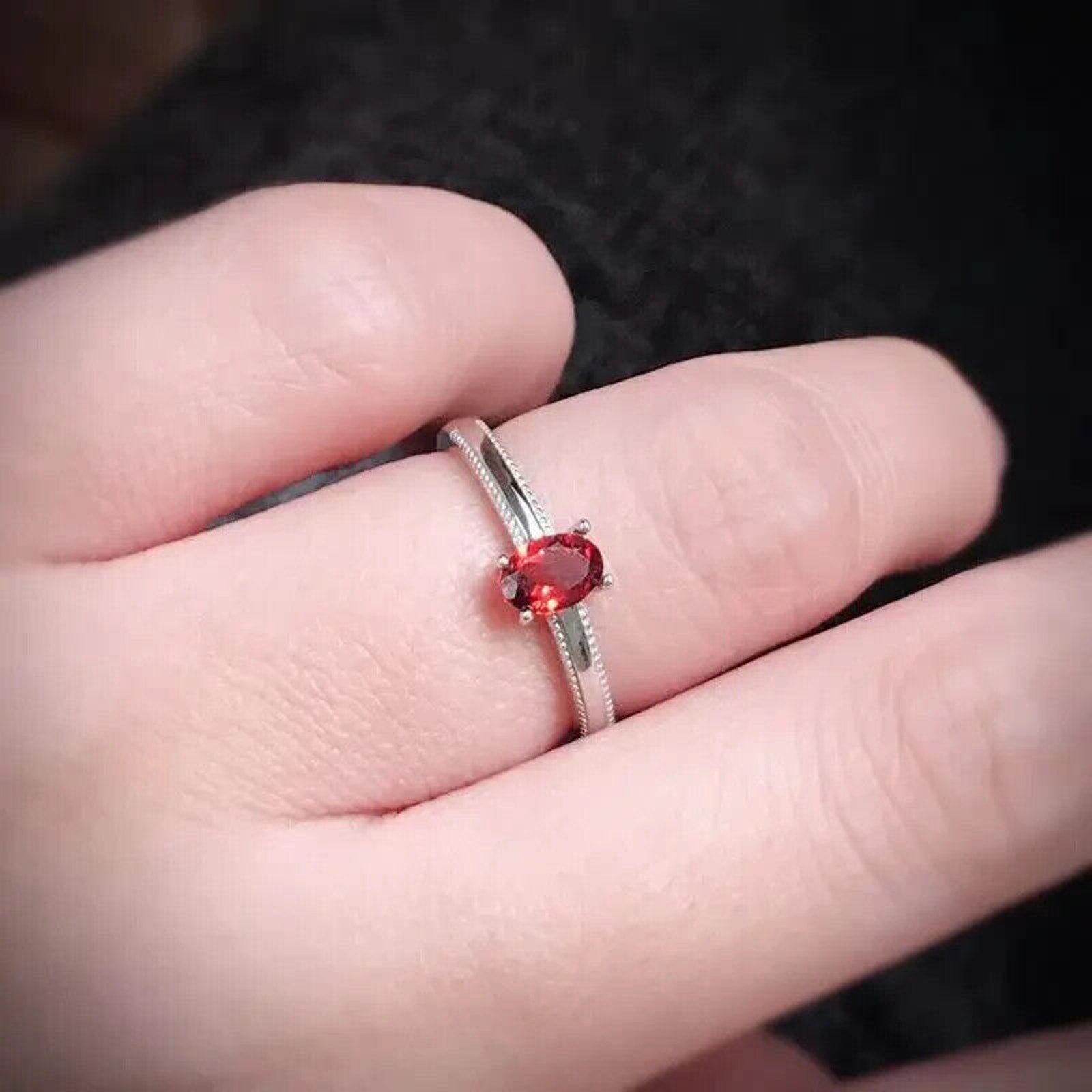 Dainty Red Garnet Cocktail Ring 4x6mm Platinum Plated Sterling Silver