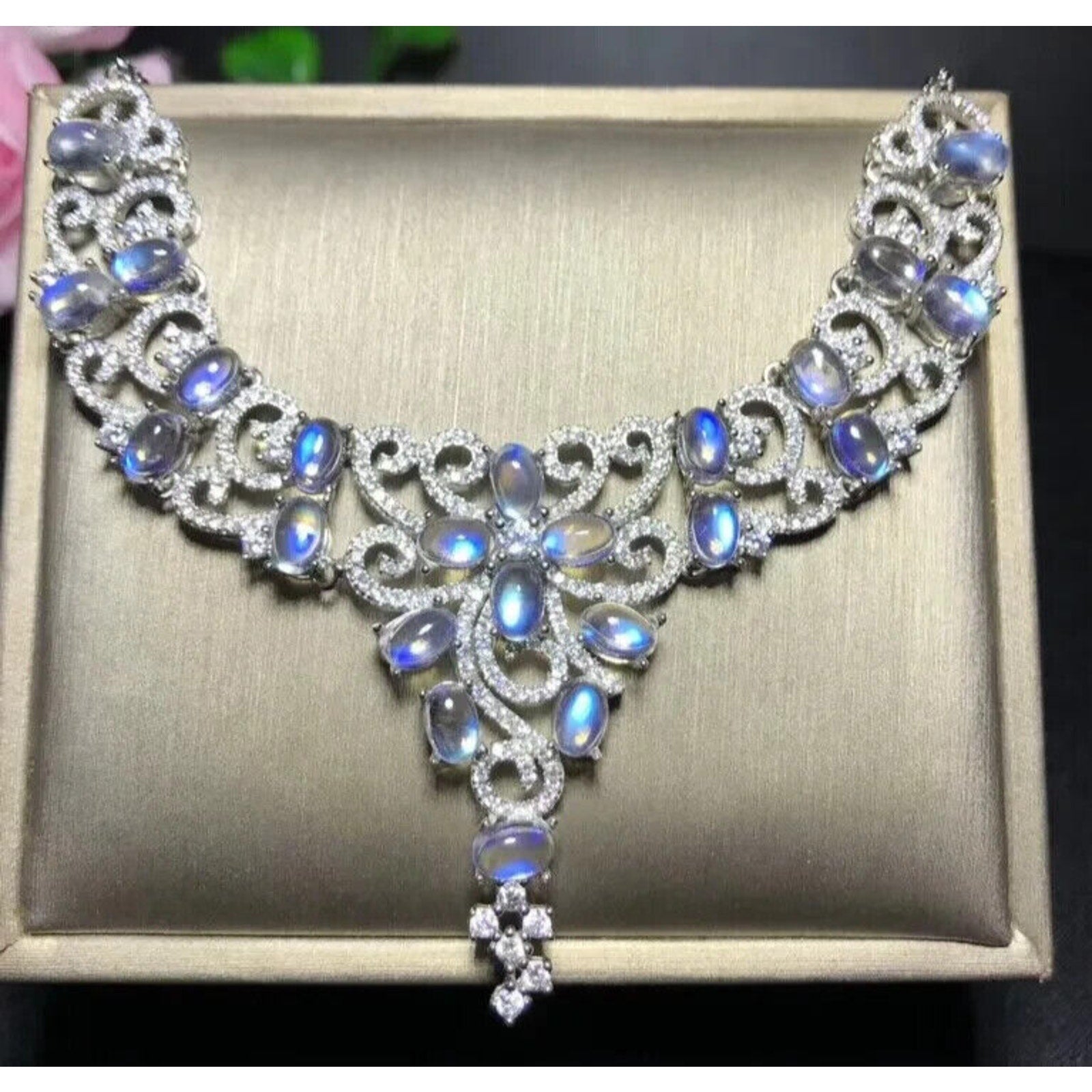 Natural Moonstone Statement Necklace, Blue Moonstone Collar Necklace Platinum CZ