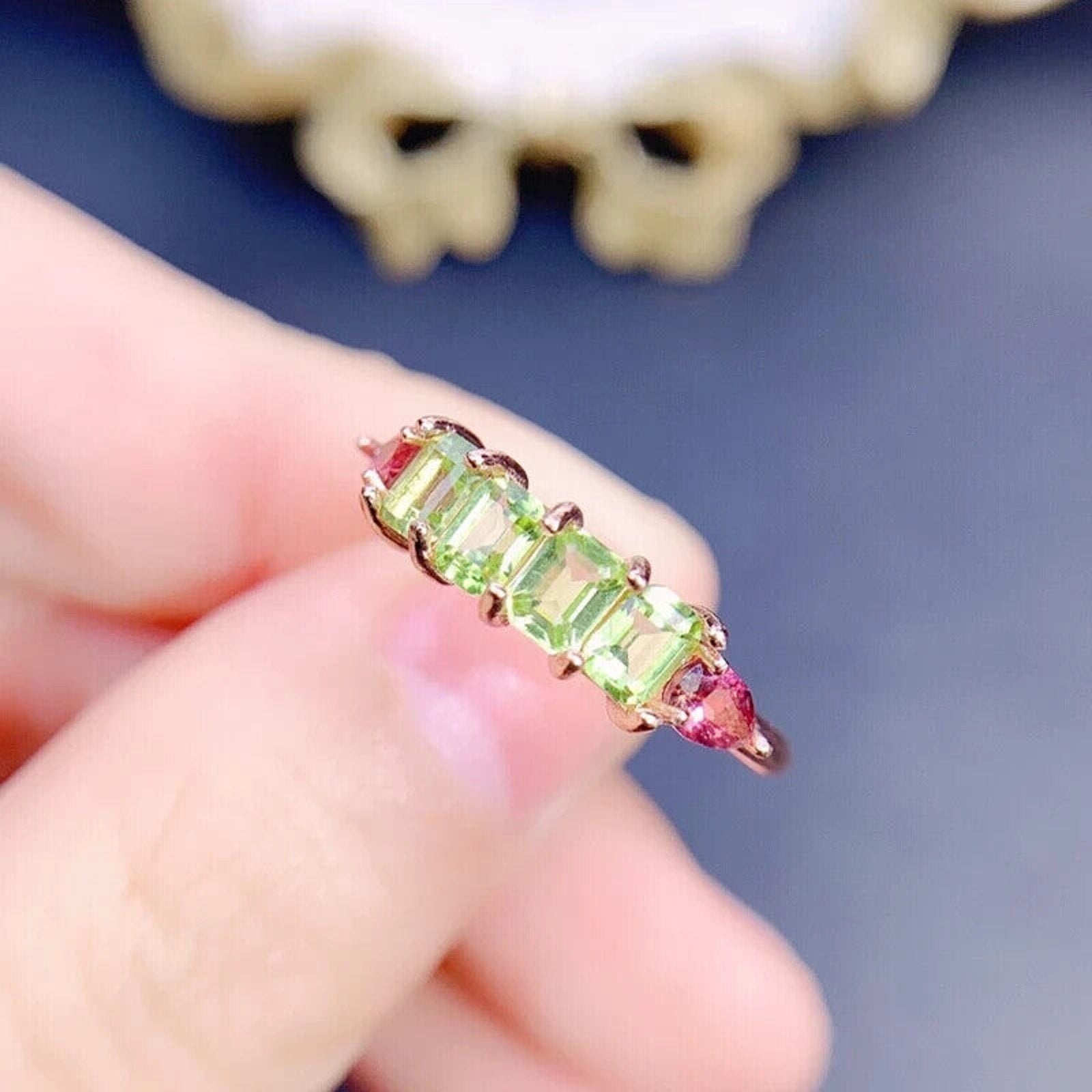 Natural Peridot and Tourmaline Emerald Cut Band Ring, August Birthstone Peridot