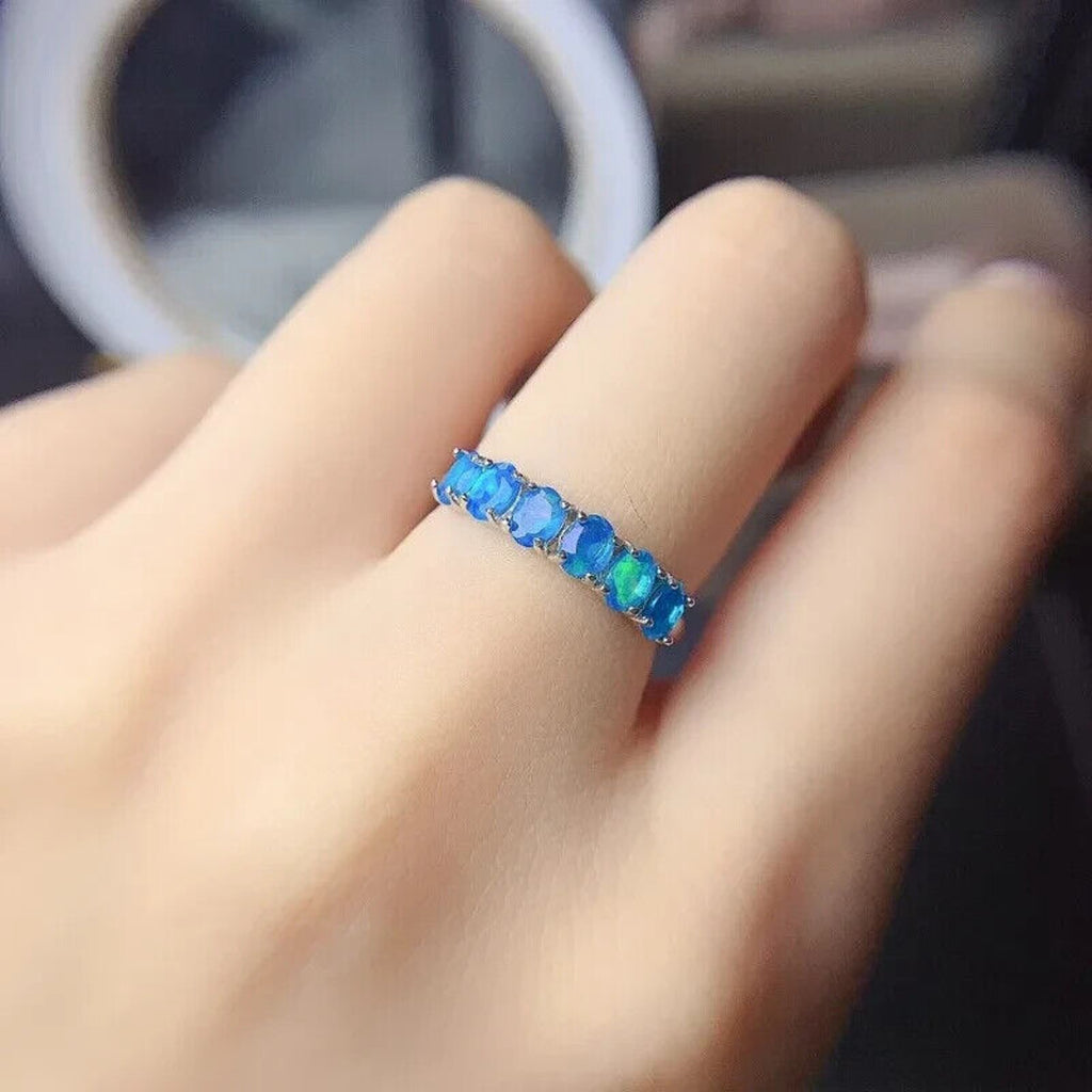 Natural Australian Blue Opal Band Ring 3x4mm, Women's Blue Fire Opal Ring