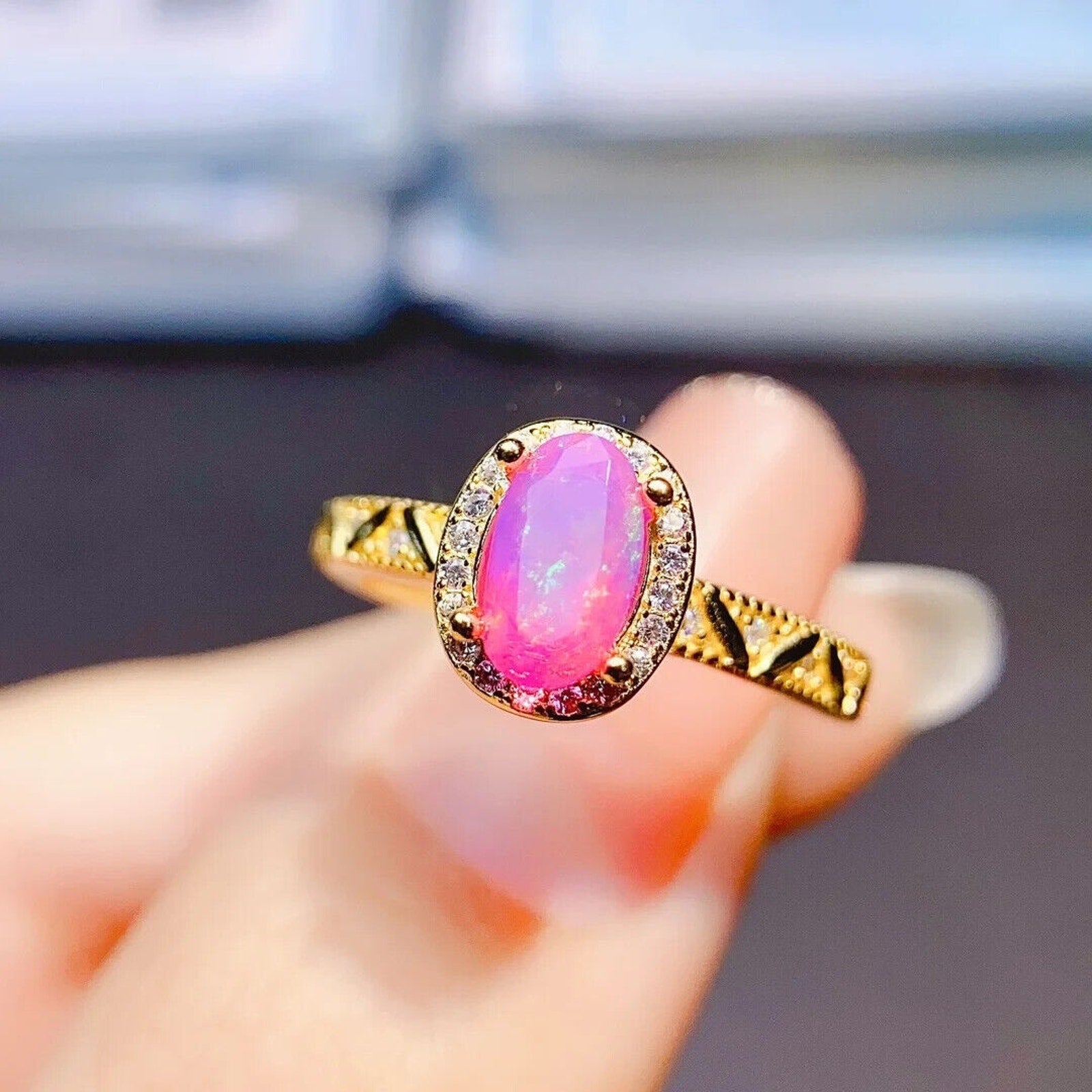 Pink Fire Opal Cocktail Ring 4x8mm, Natural Pink Fire Opal Ring 925 Sterling