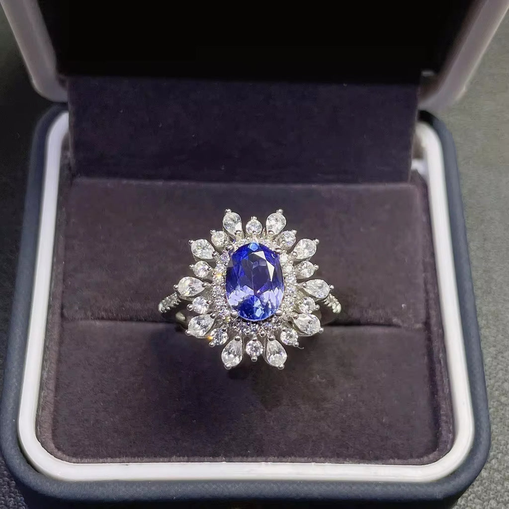 Tanzanite Ring, Natural Tanzanite Cluster Ring, Purple Tanzanite Ring 6x8mm