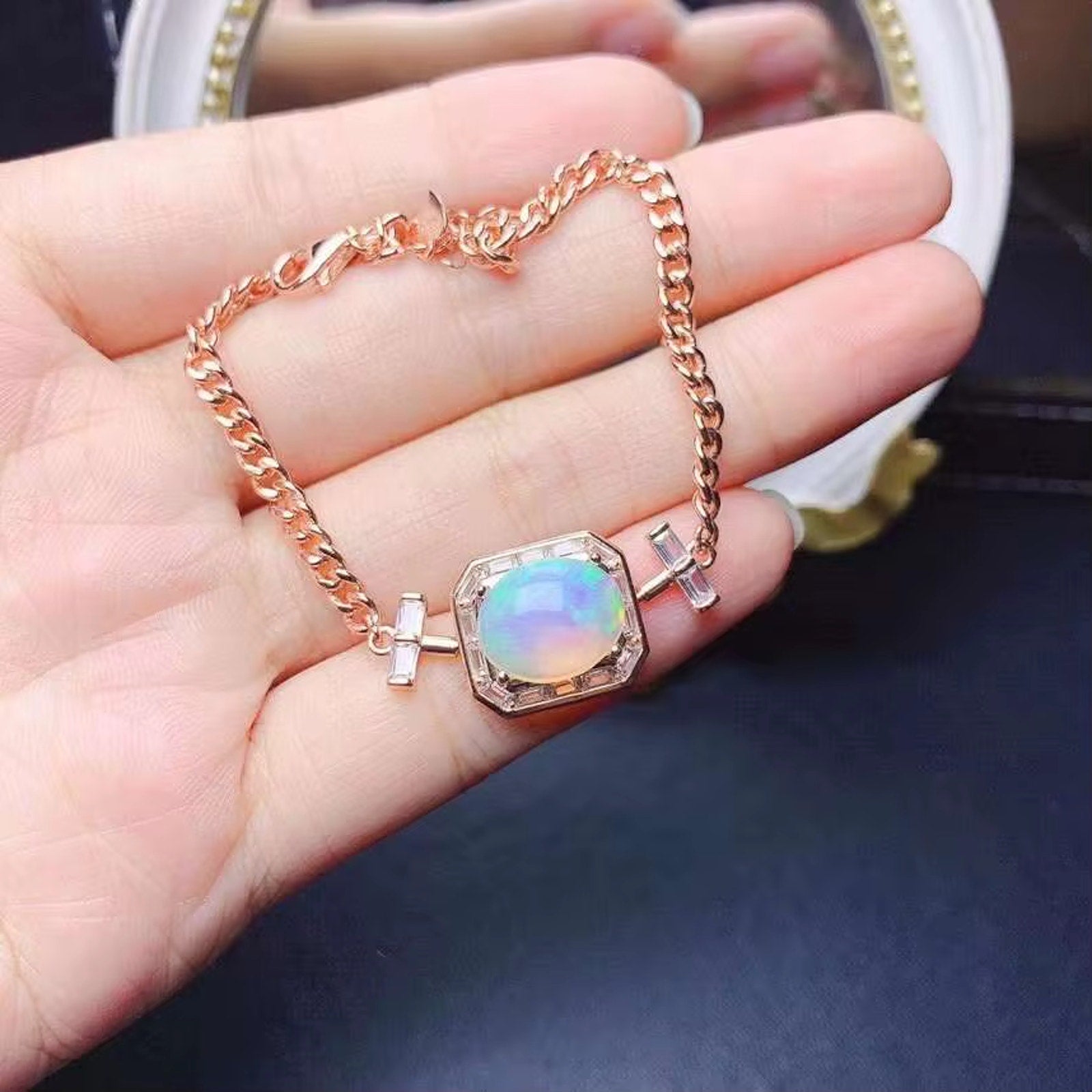 Large Fire Opal Charm Bracelet, Natural Fire Opal Bracelet 925 Sterling Silver