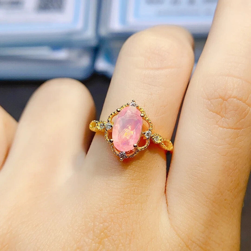 Pink Fire Opal Cluster Ring 5x9mm, Natural Pink Fire Opal Ring 925 Sterling