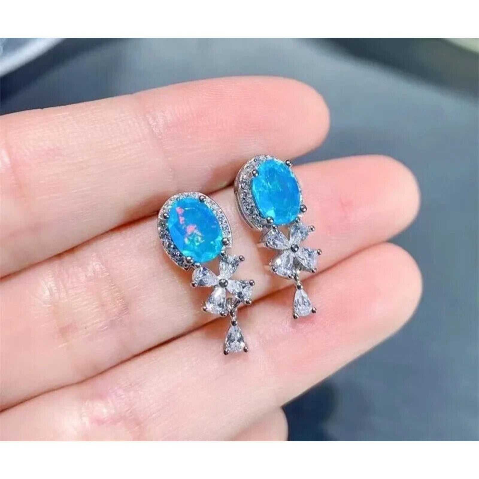 Blue Opal Banquet Stud Earrings, Natural Blue Fire Opal Stud Earrings 5x7mm