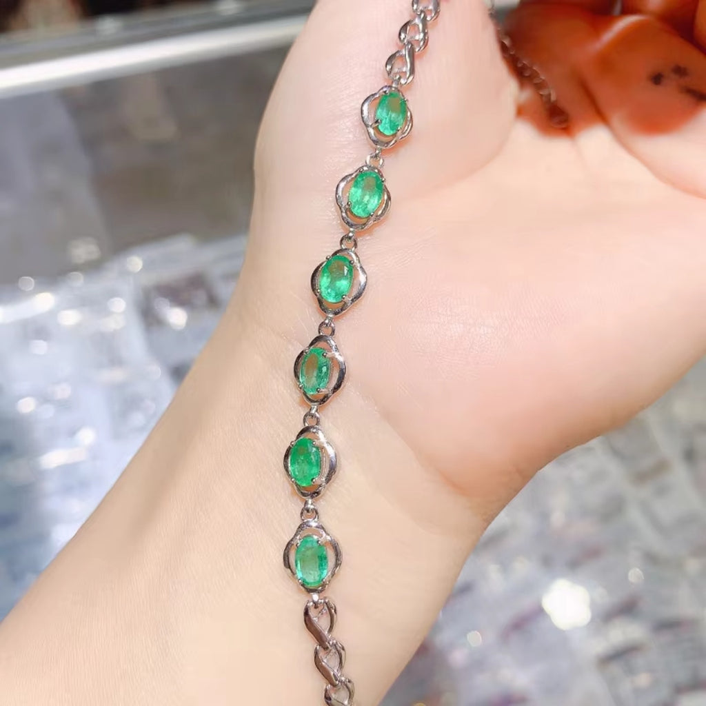 Emerald Bracelet Sterling Silver, Natural Emerald Bracelet, Green Emerald