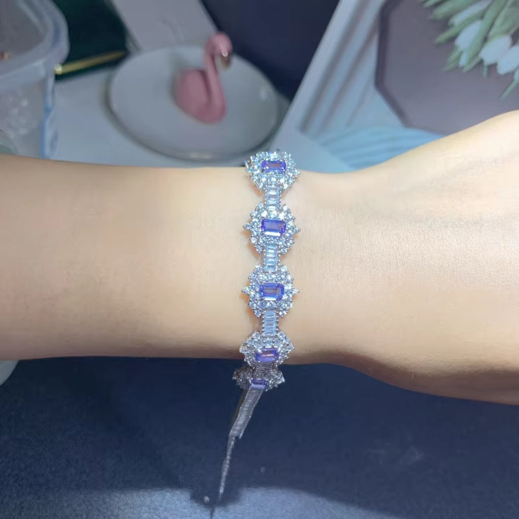 Tanzanite Tennis Bracelet 925 Sterling Silver, Emerald Cut Tanzanite Bracelet