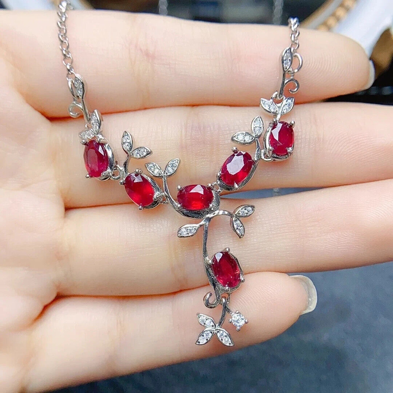 Natural Ruby Leaflet Necklace, Genuine Ruby Chain Necklace Sterling Silver